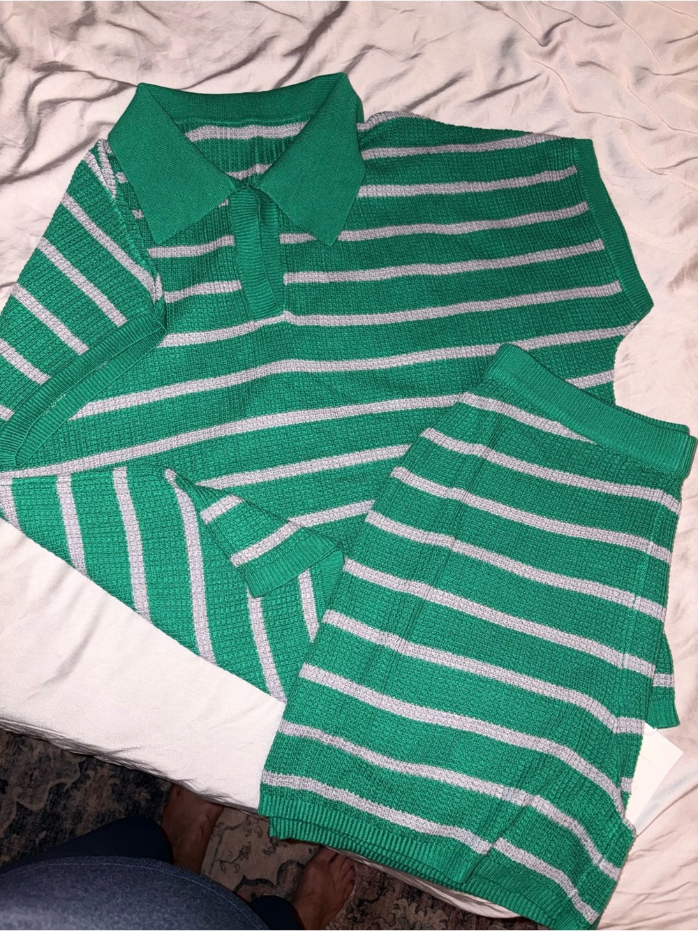 Green and gray Striped Knit Polo Top